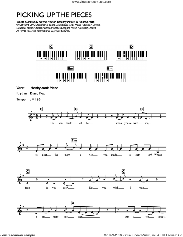 Picking Up The Pieces sheet music for piano solo (chords, lyrics, melody) by Paloma Faith, Timothy Powell and Wayne Hector, intermediate piano (chords, lyrics, melody)