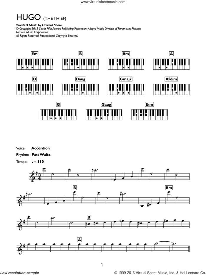 The Thief (from Hugo) sheet music for piano solo (chords, lyrics, melody) by Howard Shore, intermediate piano (chords, lyrics, melody)