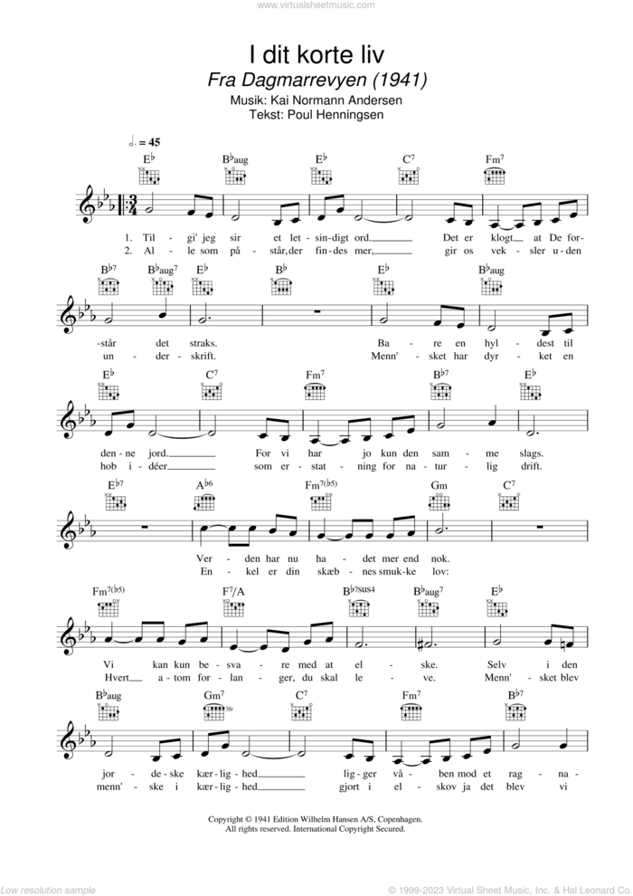 I Dit Korte Liv sheet music for voice and other instruments (fake book) by Kai Normann Andersen and Poul Henningsen, intermediate skill level