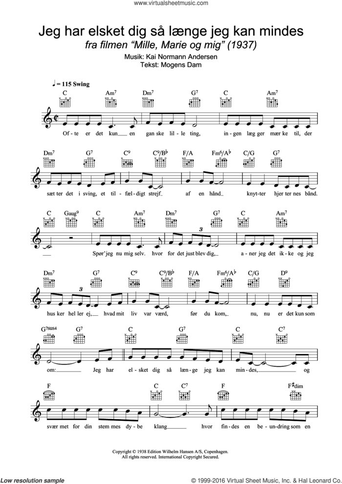 Jeg Har Elsket Dig Sa Laenge Jeg Kan Mindes sheet music for voice and other instruments (fake book) by Kai Normann Andersen and Mogens Dam, intermediate skill level