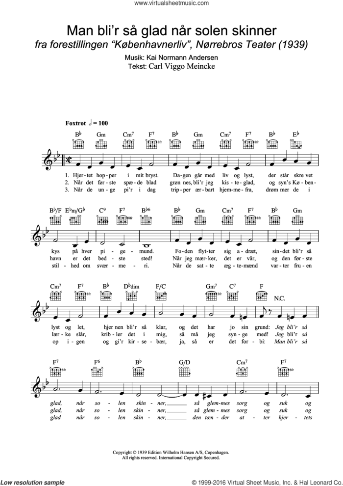 Man Bli'r Sa Glad Nar Solen Skinner sheet music for voice and other instruments (fake book) by Kai Normann Andersen and Carl Viggo Meincke, intermediate skill level