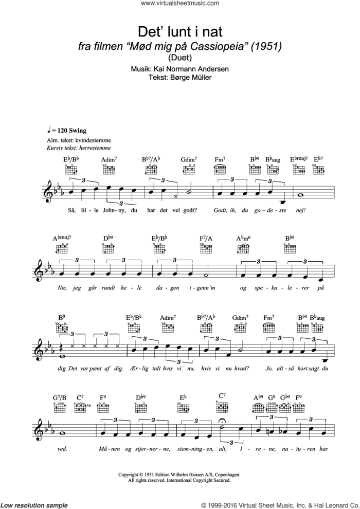 Det' Lunt I Nat sheet music for voice and other instruments (fake book) by Kai Normann Andersen, BAAurge MAAller and Borge Muller, intermediate skill level