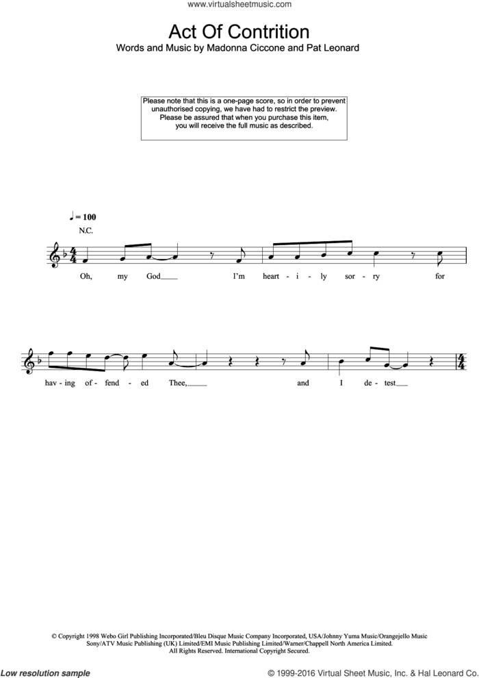 Act Of Contrition sheet music for voice and other instruments (fake book) by Madonna and Patrick Leonard, intermediate skill level