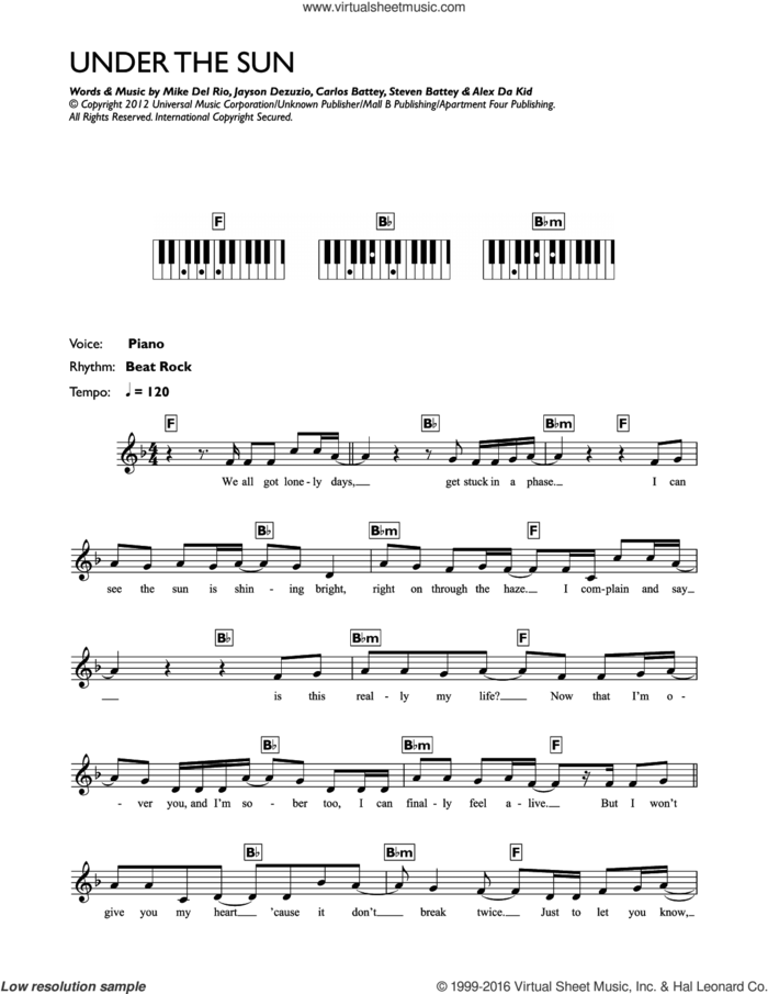 Under The Sun sheet music for piano solo (chords, lyrics, melody) by Cheryl, Alexander Grant, Carlos Battey, Michael Gonzalez and Steven Battey, intermediate piano (chords, lyrics, melody)