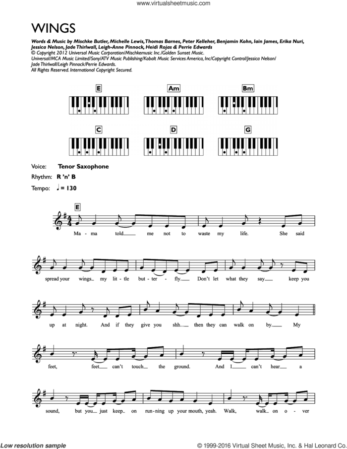 Wings sheet music for piano solo (chords, lyrics, melody) by Little Mix, Benjamin Kohn, Erika Nuri, Heidi Rojas, Iain James, Jade Thirlwall, Jessica Nelson, Leigh-Anne Pinnock, Michelle Lewis, Mischke Butler, Perrie Edwards, Peter Kelleher and Thomas Barnes, intermediate piano (chords, lyrics, melody)