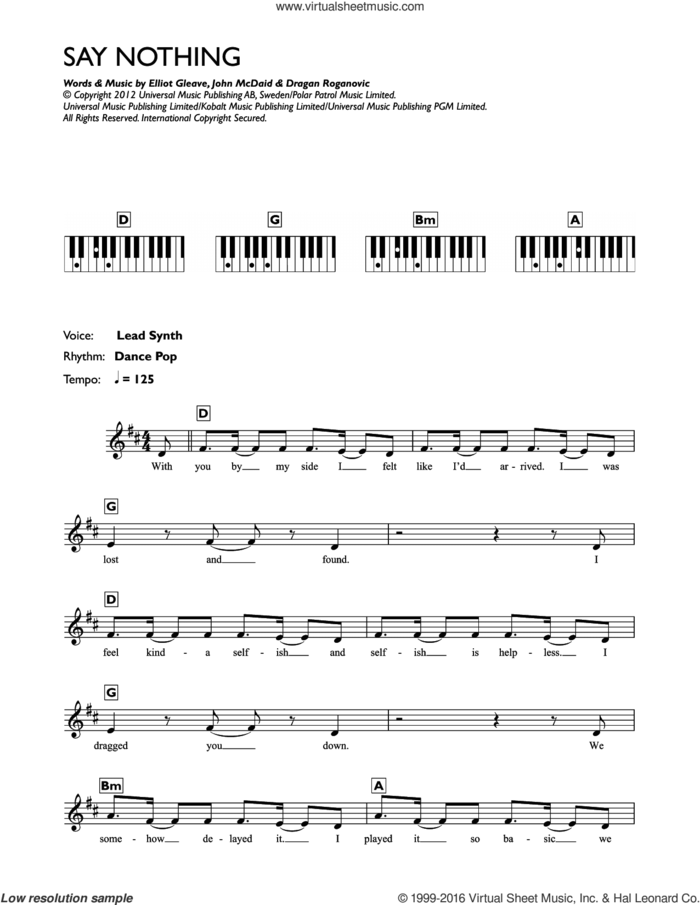 Say Nothing sheet music for piano solo (chords, lyrics, melody) by Example, Dragan Roganovic, Elliot Gleave and John McDaid, intermediate piano (chords, lyrics, melody)