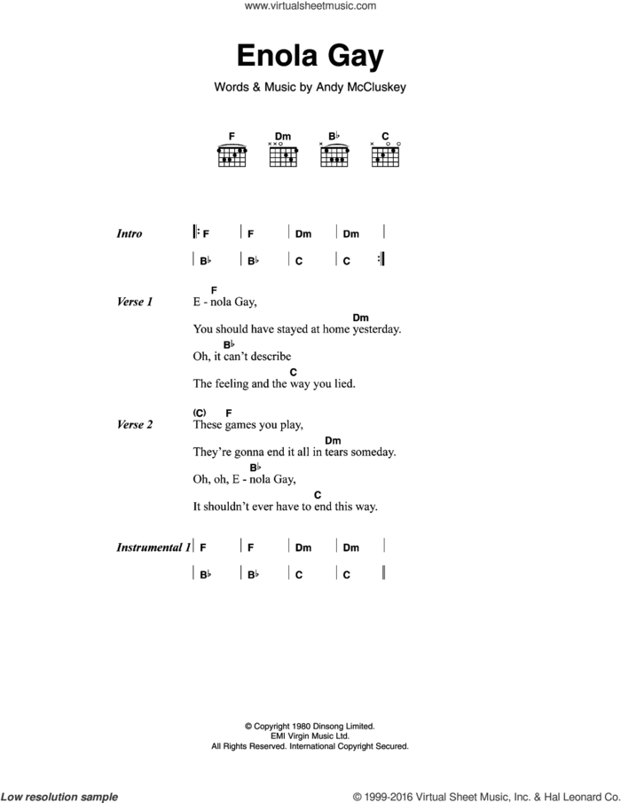 Enola Gay sheet music for guitar (chords) by Orchestral Manouvers in the Dark and Andy McCluskey, intermediate skill level