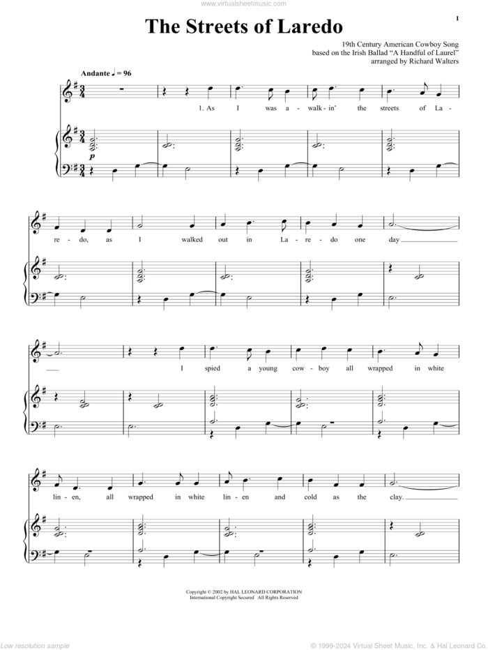 The Streets Of Laredo sheet music for voice and piano  and Johnny Cash, intermediate skill level