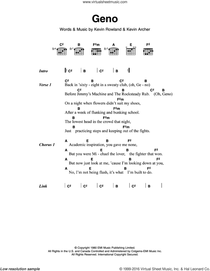 Geno sheet music for guitar (chords) by Dexy's Midnight Runners, Kevin Archer and Kevin Rowland, intermediate skill level