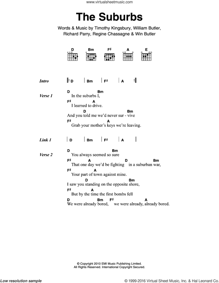 The Suburbs sheet music for guitar (chords) by Arcade Fire, Regine Chassagne, Richard Parry, Timothy Kingsbury, WIlliam Butler and Win Butler, intermediate skill level