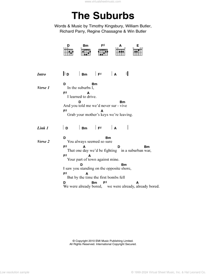 The Suburbs sheet music for guitar (chords) by Arcade Fire, Regine Chassagne, Richard Parry, Timothy Kingsbury, WIlliam Butler and Win Butler, intermediate skill level