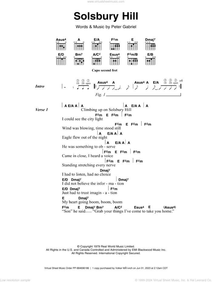 Solsbury Hill sheet music for guitar (chords) by Peter Gabriel, intermediate skill level