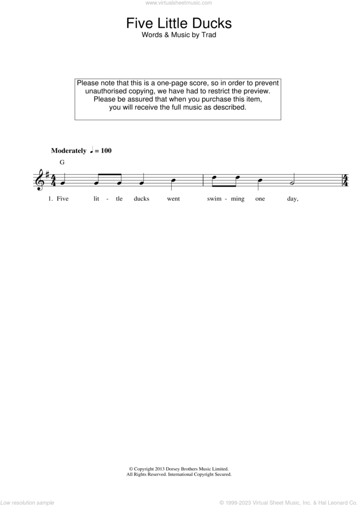 Five Little Ducks sheet music for voice and other instruments (fake book), intermediate skill level