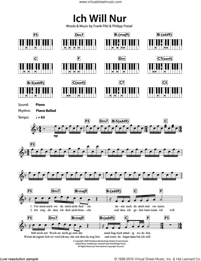 Ich Will Nur sheet music for piano solo (chords, lyrics, melody) by Philipp Poisel and Frank Pilsl, intermediate piano (chords, lyrics, melody)