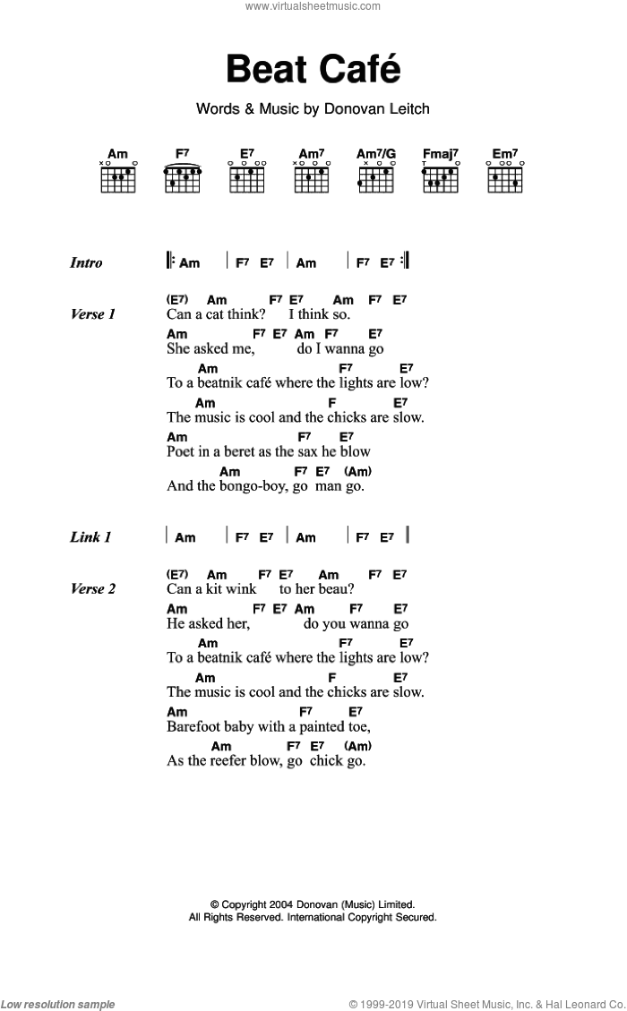 Beat Cafe sheet music for guitar (chords) by Walter Donovan and Donovan Leitch, intermediate skill level