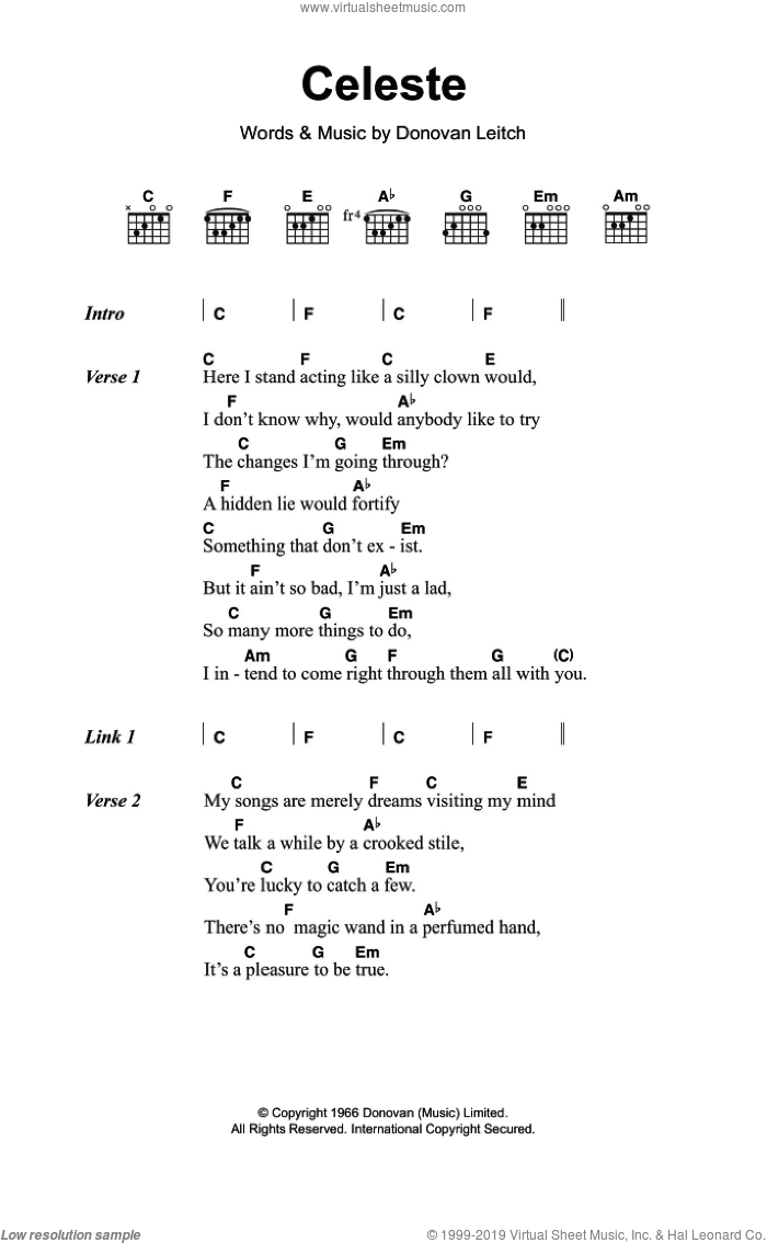 Celeste sheet music for guitar (chords) by Walter Donovan and Donovan Leitch, intermediate skill level