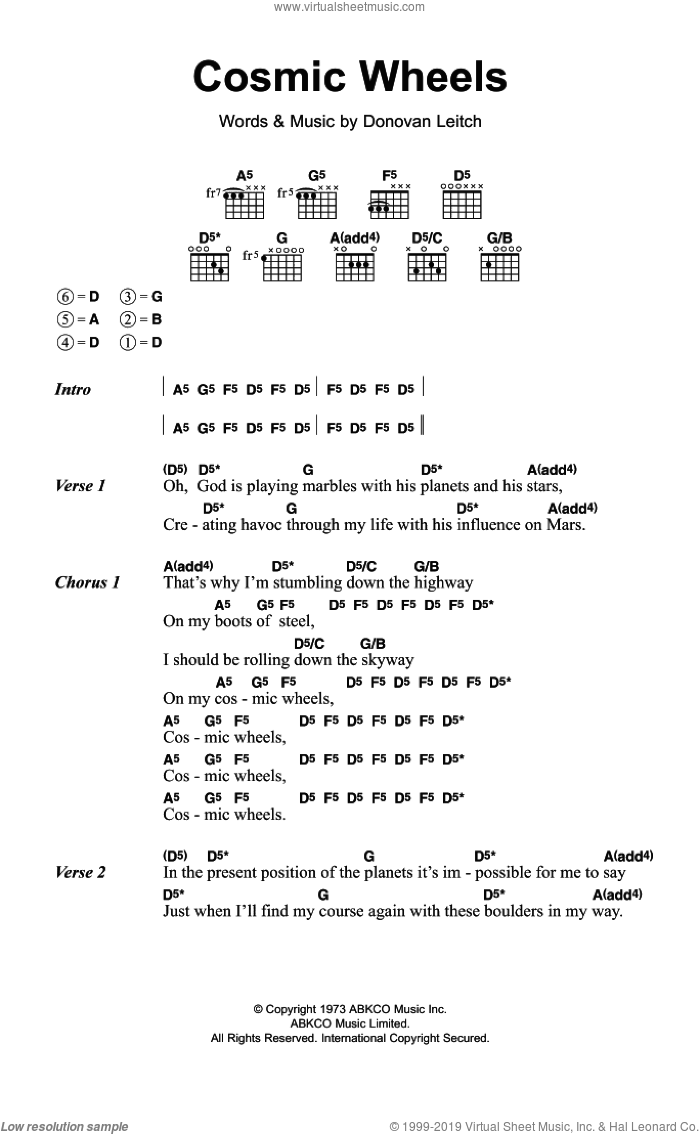 Cosmic Wheels sheet music for guitar (chords) by Walter Donovan and Donovan Leitch, intermediate skill level