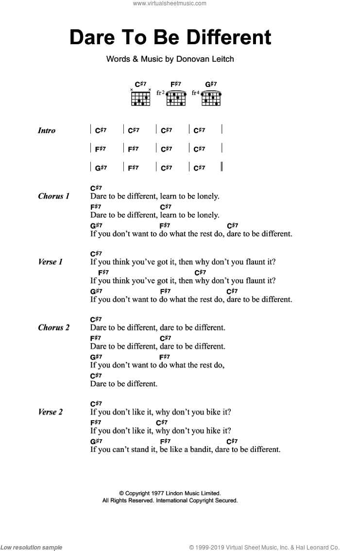 Dare To Be Different sheet music for guitar (chords) by Walter Donovan and Donovan Leitch, intermediate skill level