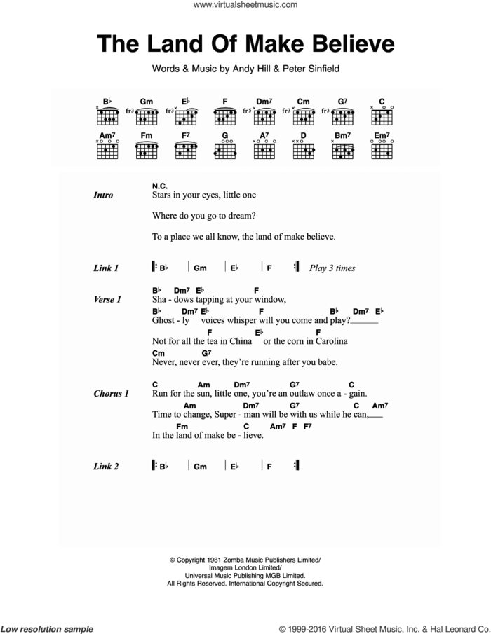 The Land Of Make Believe sheet music for guitar (chords) by Bucks Fizz, Andy Hill and Peter Sinfield, intermediate skill level