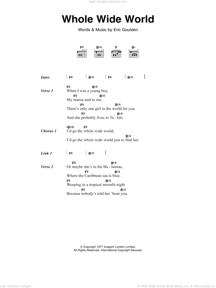 Whole Wide World sheet music for guitar (chords) by Wreckless Eric and Eric Goulden, intermediate skill level