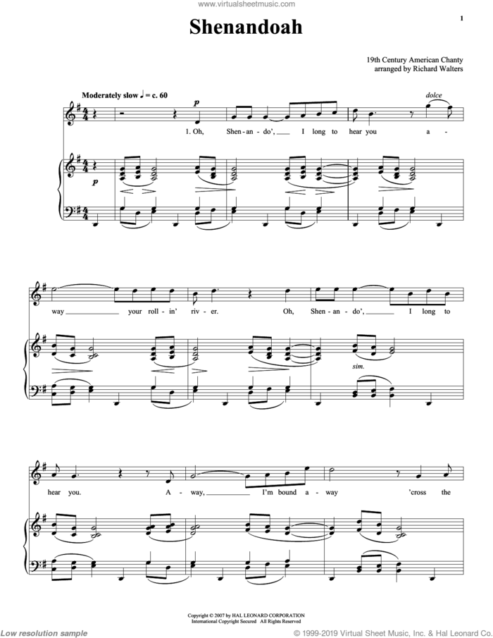 Shenandoah sheet music for voice and piano  and Richard Walters, intermediate skill level