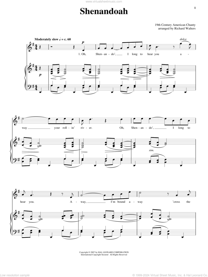 Shenandoah sheet music for voice and piano  and Richard Walters, intermediate skill level