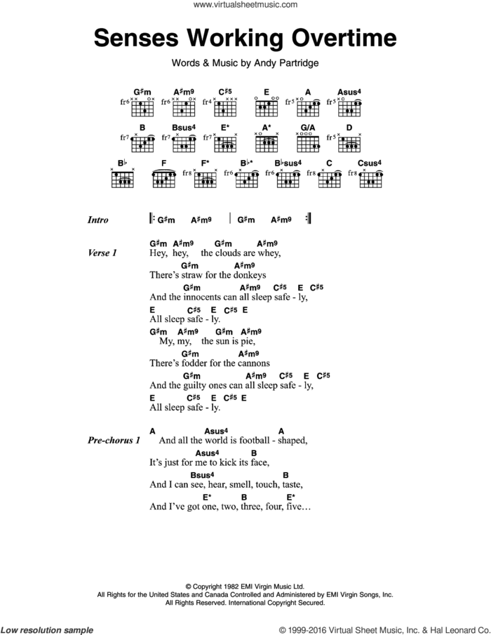 Senses Working Overtime sheet music for guitar (chords) by XTC and Andy Partridge, intermediate skill level