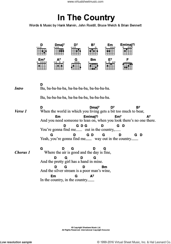 In The Country sheet music for guitar (chords) by Cliff Richard & The Shadows, Brian Bennett, Bruce Welch, Hank Marvin and John Rostill, intermediate skill level