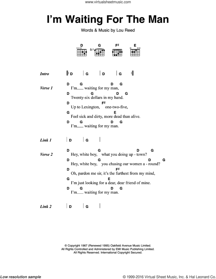 I'm Waiting For The Man (Waiting For My Man) sheet music for guitar (chords) by The Velvet Underground and Lou Reed, intermediate skill level