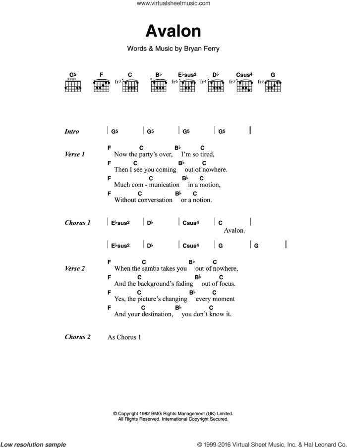 Avalon sheet music for guitar (chords) by Roxy Music, M People and Bryan Ferry, intermediate skill level