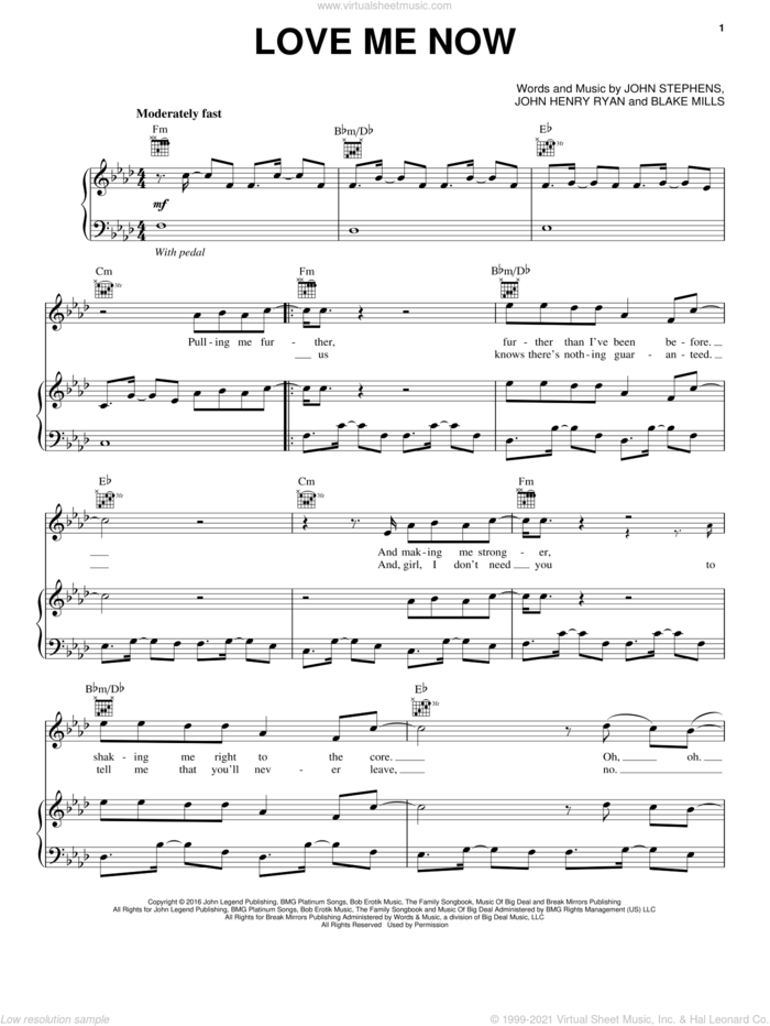 Love Me Now sheet music for voice, piano or guitar by John Legend and John Stephens, intermediate skill level