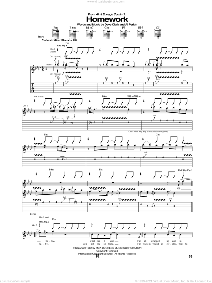 Homework sheet music for guitar (tablature) by Otis Rush, Al Perkins and Dave Clark, intermediate skill level