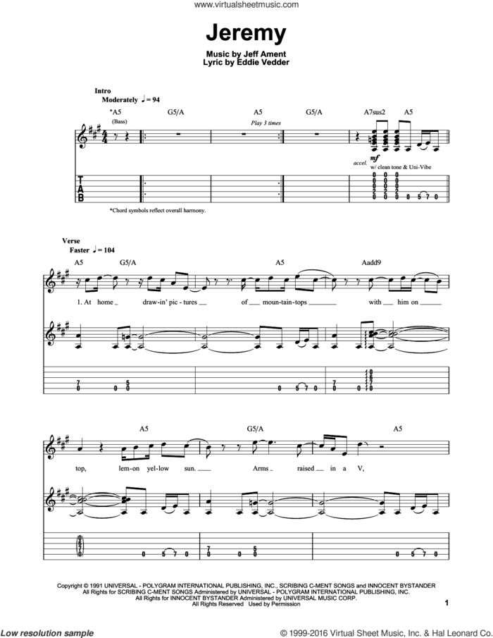 Jeremy sheet music for guitar (tablature, play-along) by Pearl Jam, Eddie Vedder and Jeff Ament, intermediate skill level
