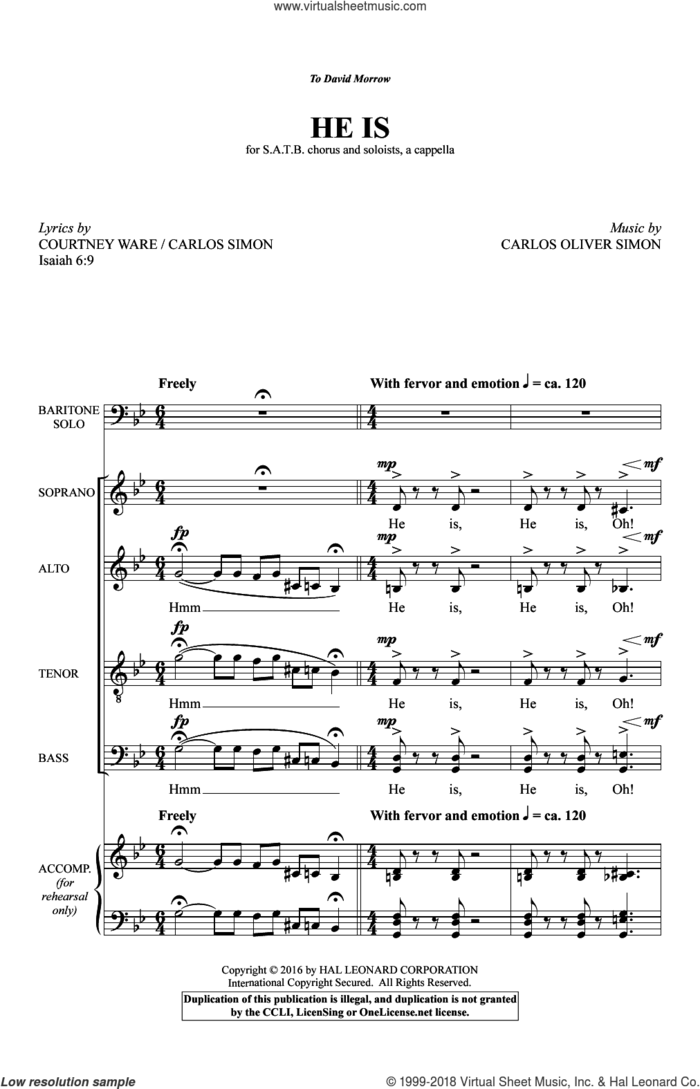 He Is sheet music for choir (SATB: soprano, alto, tenor, bass) by Carlos Simon, Carlos Oliver Simon and Courtney D. Ware, intermediate skill level