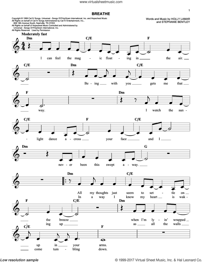 Breathe sheet music for voice and other instruments (fake book) by Faith Hill, Holly Lamar and Stephanie Bentley, wedding score, easy skill level