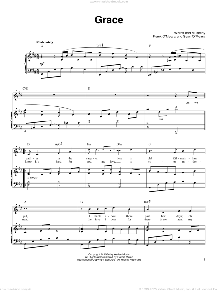 Grace sheet music for voice, piano or guitar by Ronan Tynan, classical score, intermediate skill level