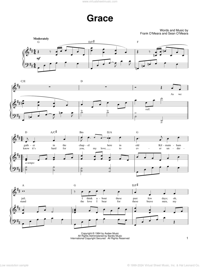 Grace sheet music for voice, piano or guitar by Ronan Tynan, classical score, intermediate skill level