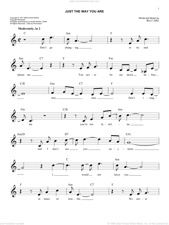Just The Way You Are sheet music for voice and other instruments (fake book) by Billy Joel, wedding score, intermediate skill level
