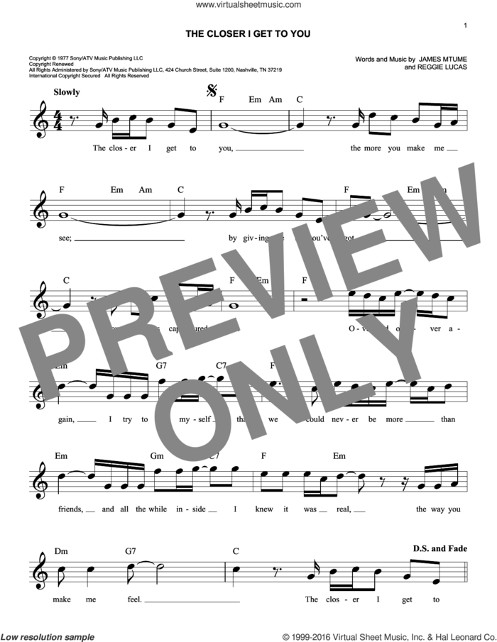 The Closer I Get To You sheet music for voice and other instruments (fake book) by Roberta Flack & Donny Hathaway, James Mtume and Reggie Lucas, wedding score, easy skill level