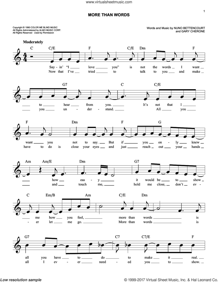 More Than Words sheet music for voice and other instruments (fake book) by Extreme, Gary Cherone and Nuno Bettencourt, wedding score, easy skill level