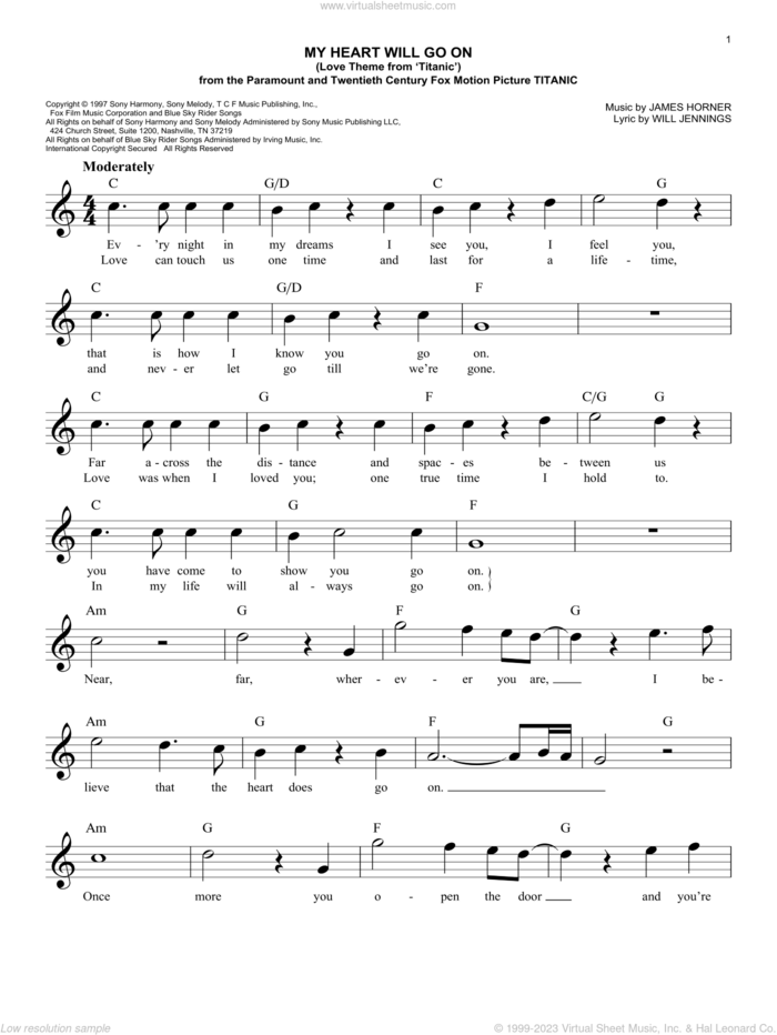 My Heart Will Go On (Love Theme From 'Titanic') sheet music for voice and other instruments (fake book) by Celine Dion and Will Jennings, wedding score, easy skill level