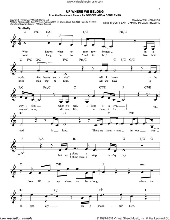 Up Where We Belong sheet music for voice and other instruments (fake book) by Joe Cocker & Jennifer Warnes and Will Jennings, wedding score, easy skill level