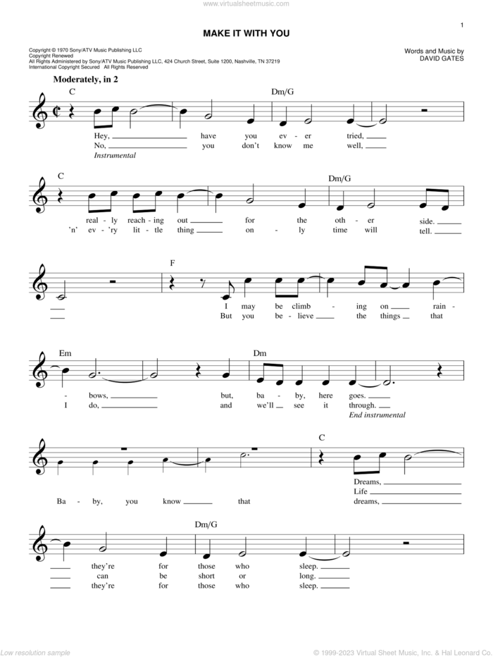 Make It With You sheet music for voice and other instruments (fake book) by Bread and David Gates, wedding score, easy skill level