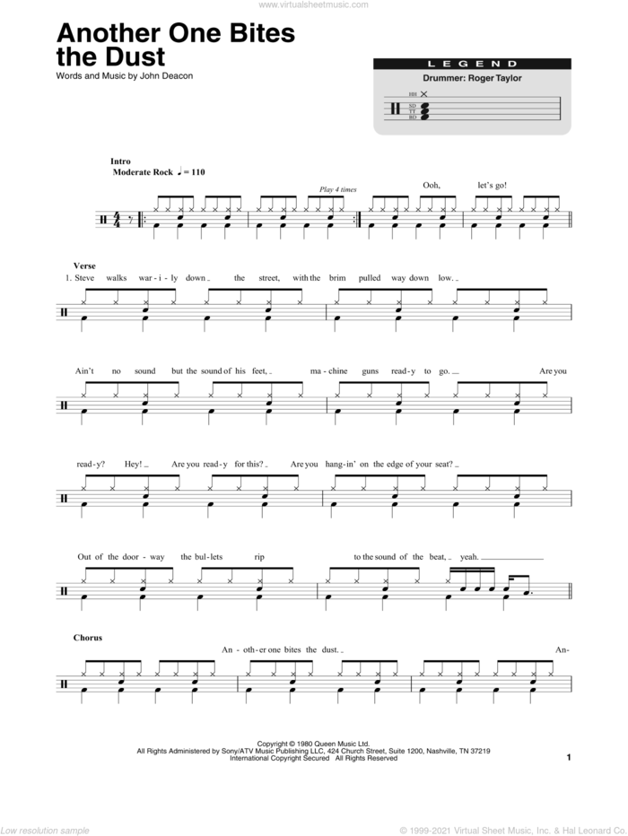 Another One Bites The Dust sheet music for drums by Queen and John Deacon, intermediate skill level