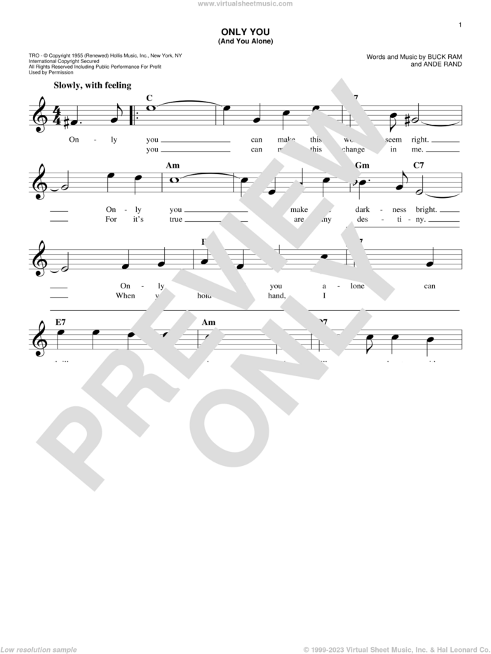 Only You (And You Alone) sheet music for voice and other instruments (fake book) by The Platters, Ande Rand and Buck Ram, wedding score, intermediate skill level