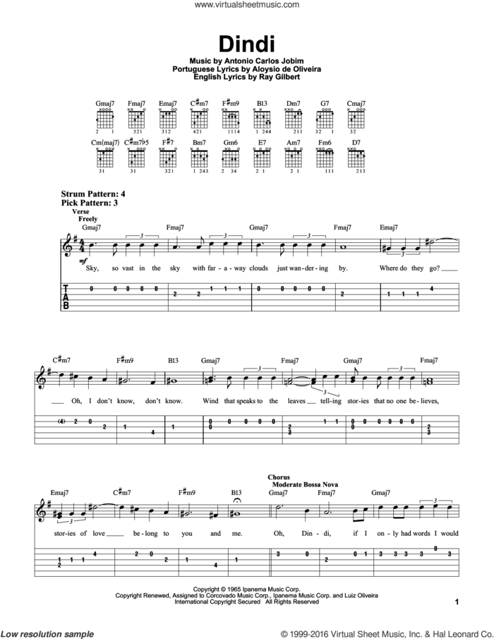 Dindi sheet music for guitar solo (easy tablature) by Antonio Carlos Jobim, Aloysio de Oliveira and Ray Gilbert, easy guitar (easy tablature)