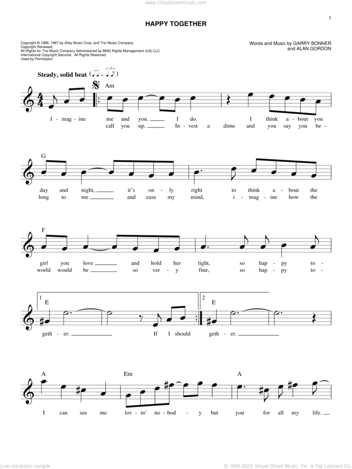 Happy Together sheet music for voice and other instruments (fake book) by The Turtles, Alan Gordon and Garry Bonner, wedding score, easy skill level