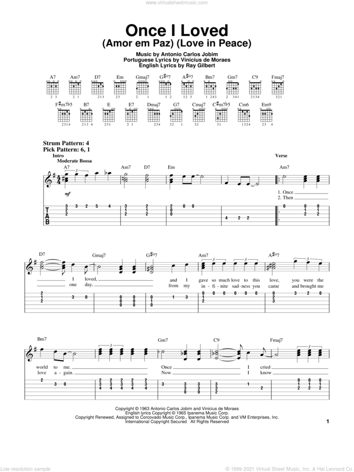 Once I Loved (Amor Em Paz) (Love In Peace) sheet music for guitar solo (easy tablature) by Antonio Carlos Jobim and Vinicius de Moraes, easy guitar (easy tablature)