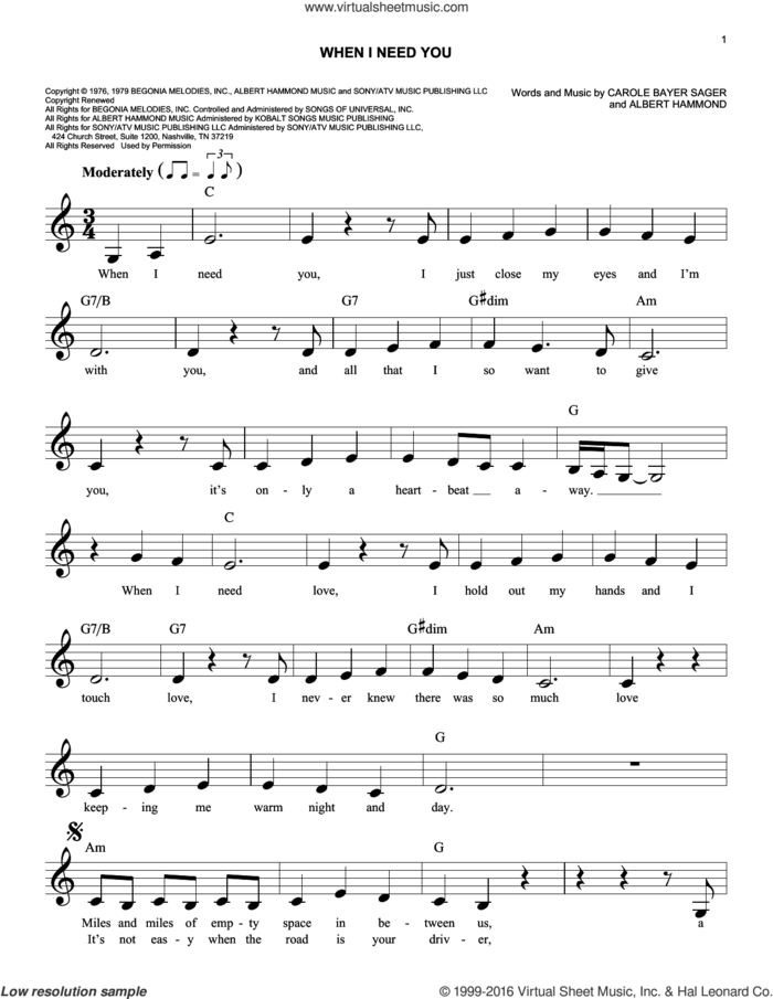 When I Need You sheet music for voice and other instruments (fake book) by Leo Sayer, Albert Hammond and Carole Bayer Sager, wedding score, easy skill level