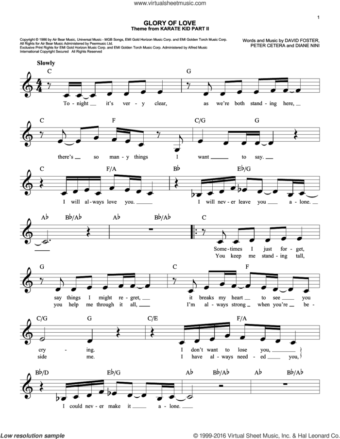 Glory Of Love sheet music for voice and other instruments (fake book) by Peter Cetera, David Foster and Diane Nini, wedding score, easy skill level